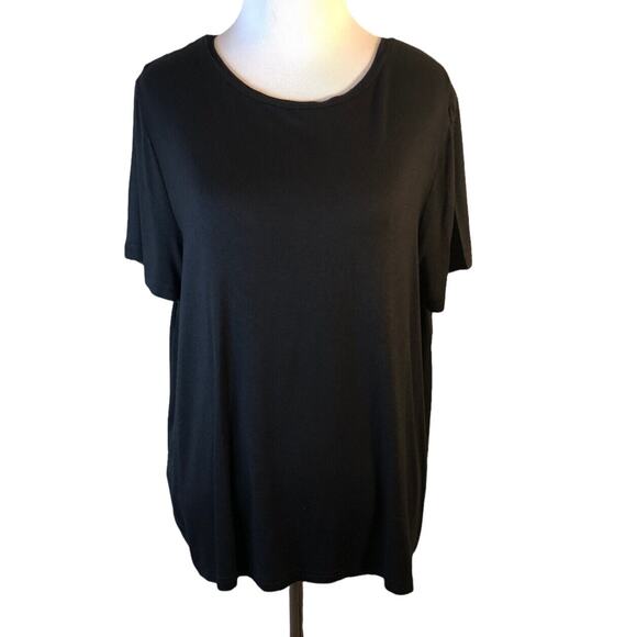 August Silk Womens Sz L Black Sheer Pleated Back Short‎ Sleeve Blouse Pullover - Picture 1 of 5